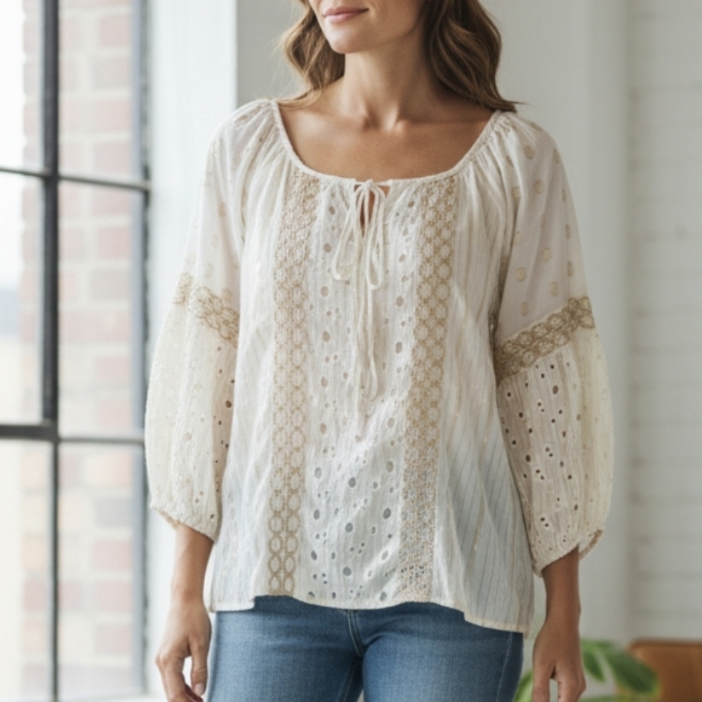 NAOO 100% Cotton Boho Blouse, Size XL